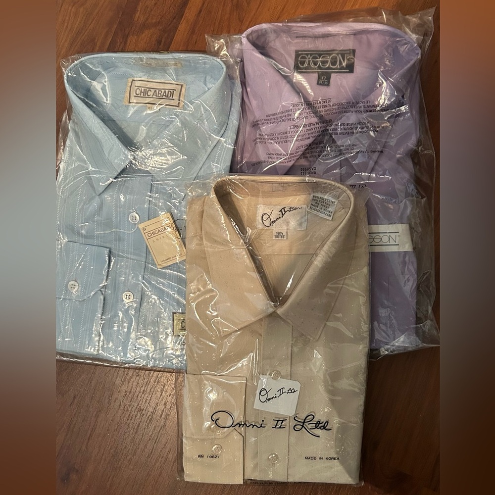 3 New Bundle Lot of men's button down work dress shirts beige purple blue 16 17